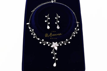 Swarovski Crystal Flower Vine Leaves Necklace, Long Bridal Jewelry, Bridal Earrings And Necklace, Statement Earrings Cz Necklace Set.
